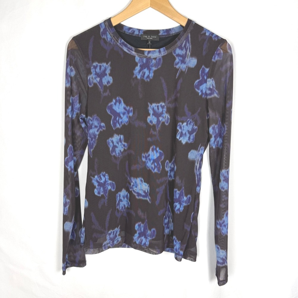 NWT rag & bone "Yana" Salute Multi Printed Mesh Long Sleeve Tee - Size Large